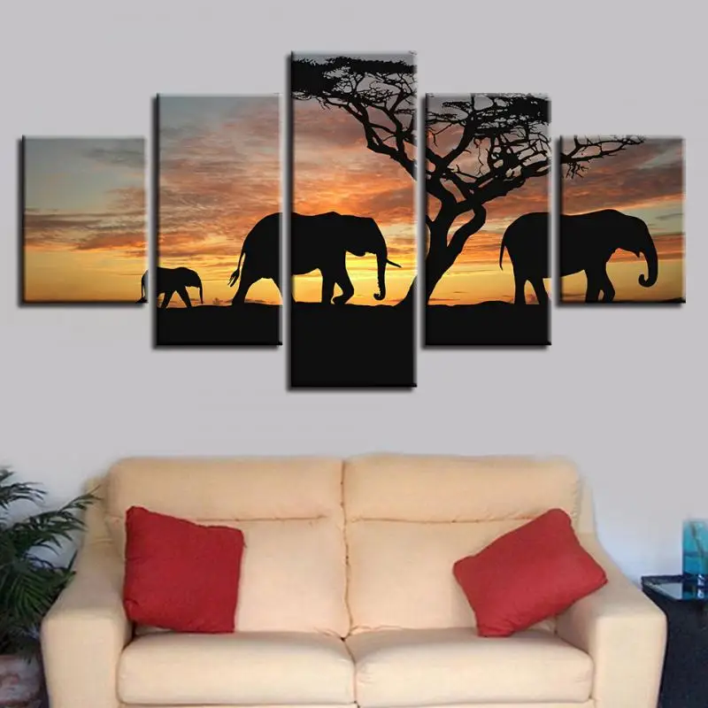 

Elephant Silhouettes In The Dusk Home Decorative Canvas Wall Printing Poster 5pcs Landscape Animal Painting Frameless