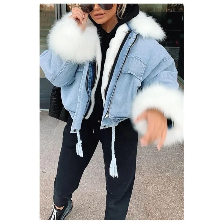 

Mandylandy Women's Casual Long Sleeve Stitching Plush Coat Winter Fashion Zipper Turn-down Collar Short Straight Denim Coat