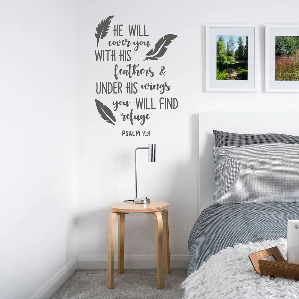 

Bible Verse Wall Decals Quotes He Will Cover You With His Feathers Psalm 91:4 Vinyl Decal for bedroom living room Decor Z971