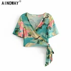 Женская блузка с коротким рукавом, V-образным вырезом и цветочным принтом