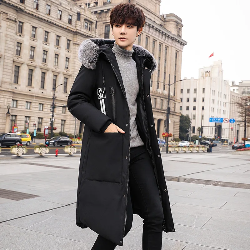 Men's Winter Thickened Warm Down Jacket with Large Fur Collar Hood Coat Extra-long Personality Letter Print Youth Winter Jacket