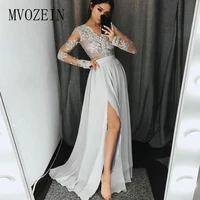 silver 2019 cheap prom dresses v neck high slit chiffon lace sexy party maxys long prom gown evening dresses robe de soiree