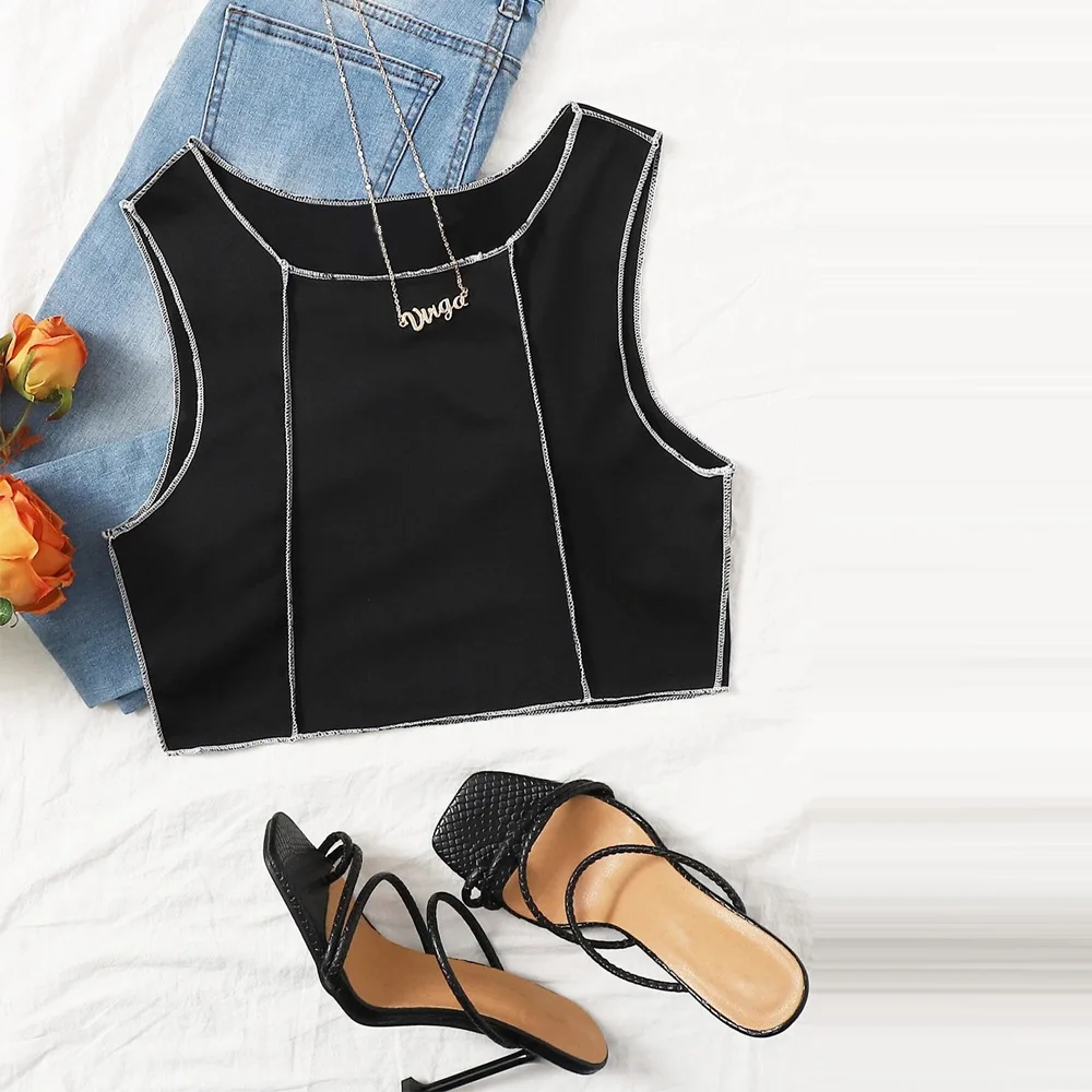 

Sexy Cotton Tank Top Sleeveless Crop Top Women Round Neck Frill Corset Khaki Pullovers Streetwear Summer Sweats