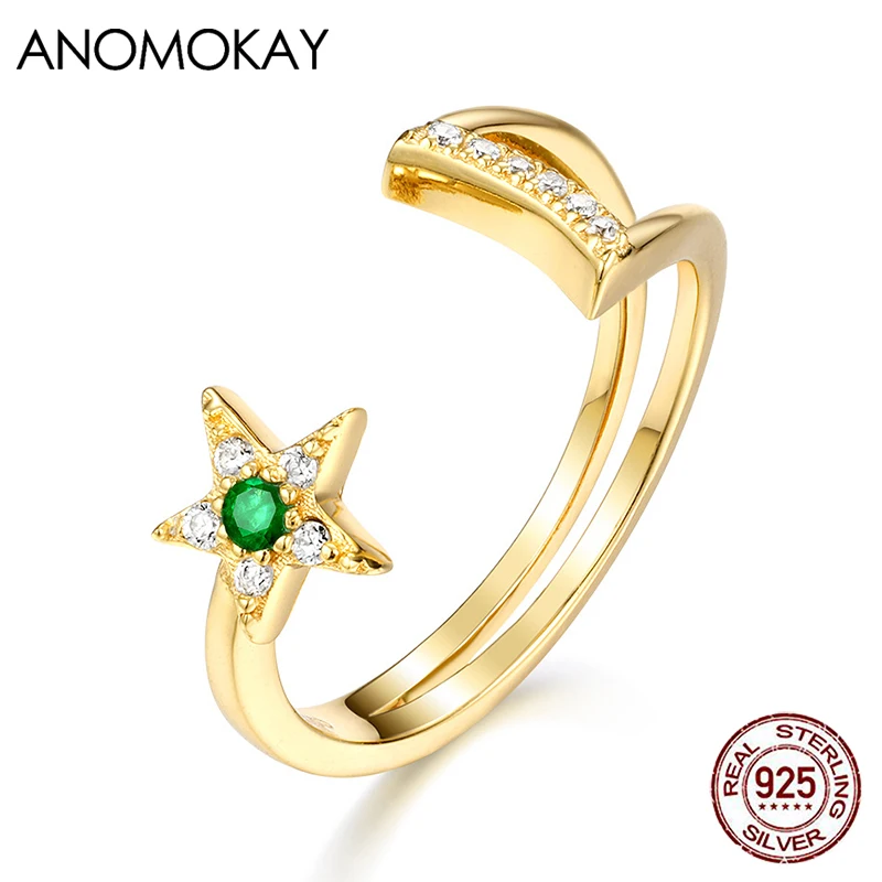 

Женское кольцо с открытым размером Anomokay, вечерние кольца из стерлингового серебра 925 пробы с зеленым цирконием и звездой луной