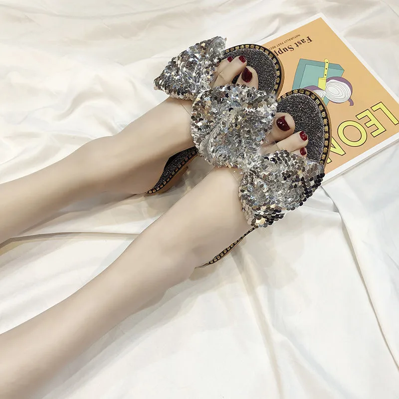 С большим бантом с блестками слипоны прозрачные тапочки Для женщин Bling тапочки шлепанцы для пляжа с открытым носком; женские шлепанцы на нескользящей подошве прозрачная обувь Домашние тапочки