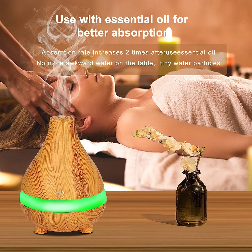 

300ML Electric Humidifier Aroma Oil Diffuser Ultrasonic Wood Grain Air Humidifier USB Mini Mist Maker LEDLight For Home Office
