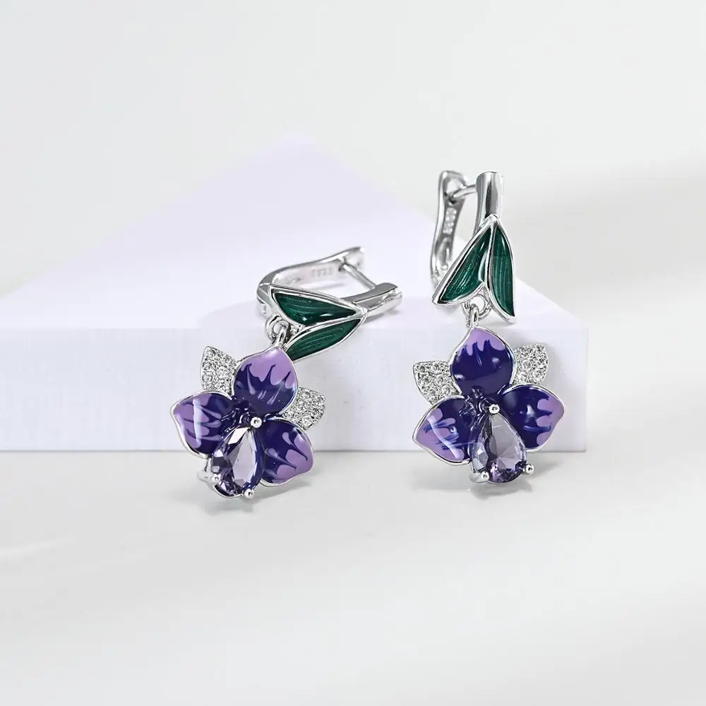 High Quality Big Flower Purple Enamle Drops Dangle Earrings for Women Exquisite Cubic Zirconia Wedding Party Jewelry | Украшения и
