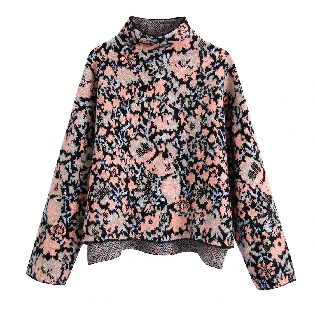 

Xitimeao Women New Autumn Winter Knitted Loose Knit Sweater Coat Retro Print Hight Collar Knitted Pullover Vestidos Mujer