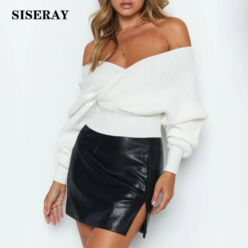 New 2019 Sexy Cross Over V Neck Wrap Crop Knit Top Autumn Long Sleeve Ladies Jumper Sweater Elegant Off Shoulder Women | Женская одежда