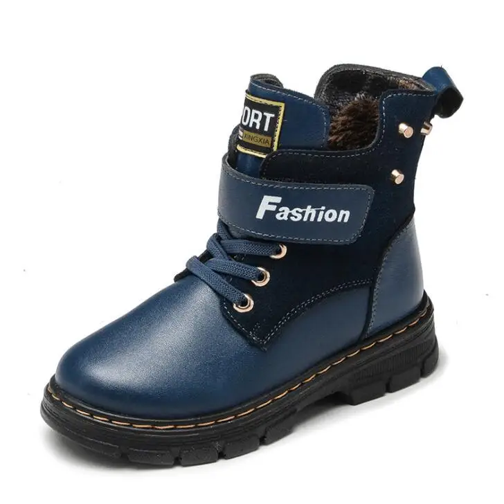 Autumn Winter Kids Boots for Boys Shoes Fashion Mid-Calf Snow Boots Genuine Leather Plush Warm Waterproof Children Martin Boots - Цвет: Синий