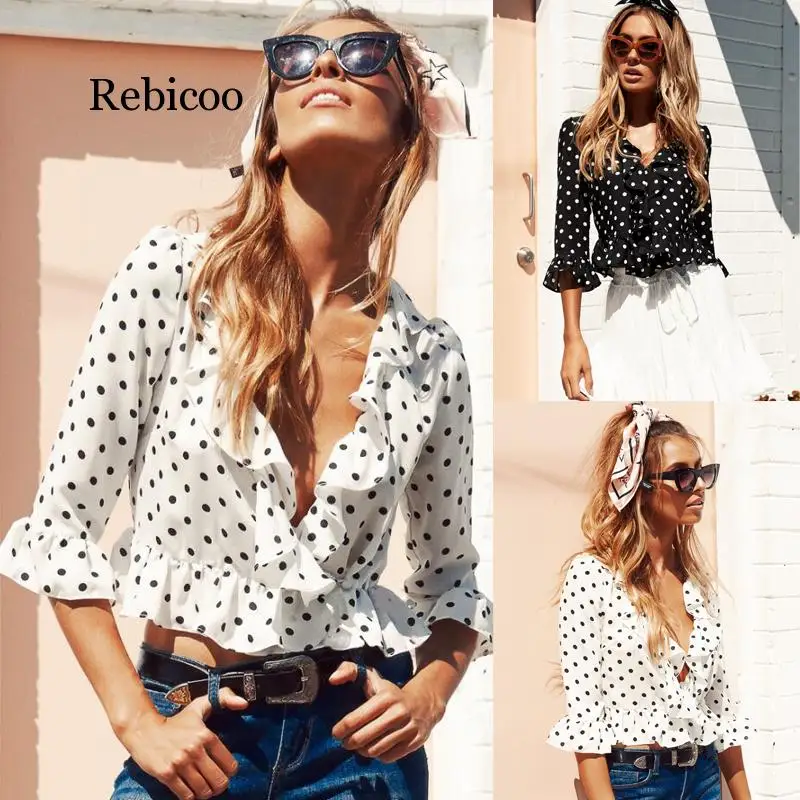 Женская рубашка в горошек свободные топы с V образным вырезом Женские