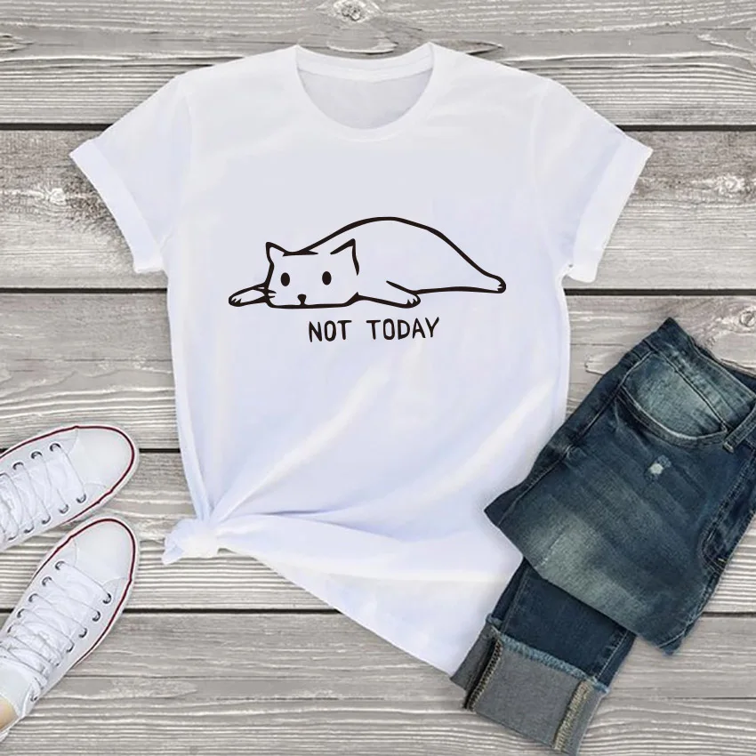 white Футболка с надписью «Cat not today», Женская Повседневная забавная футболка для девушек, летняя футболка, kawaii tumblr, футболки размера плюс - Цвет: white