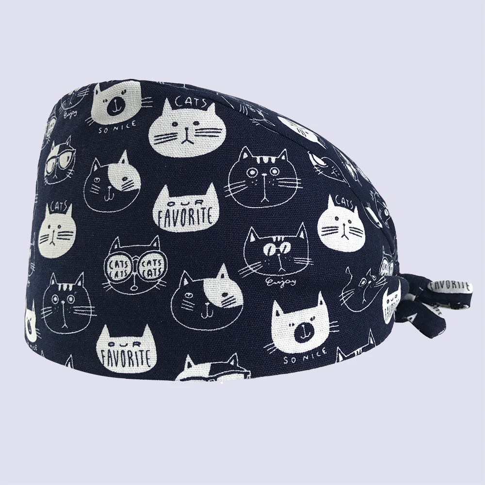 Viaoli new Cotton Scrub Caps for Women and men Hospital Medical Hats Print cat in Black Tieback Elastic Section Surgical Caps - Цвет: hat