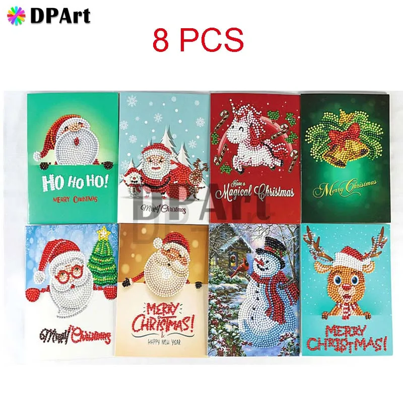 8pcs Алмазная картина открытка Рождественская открытка поздравительная открытка на день рождения подарок 5D круглая дрель Санта-Клаус С Рождеством M992 - Цвет: 8pcs