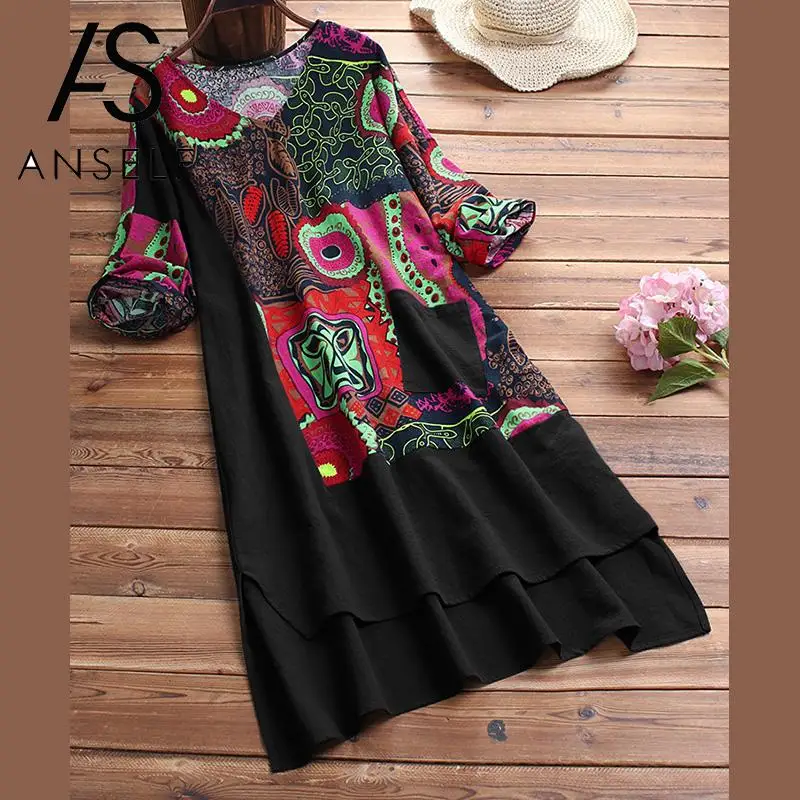 Женское льняное платье с разрезом на подоле винтажное из хлопка и льна принтом