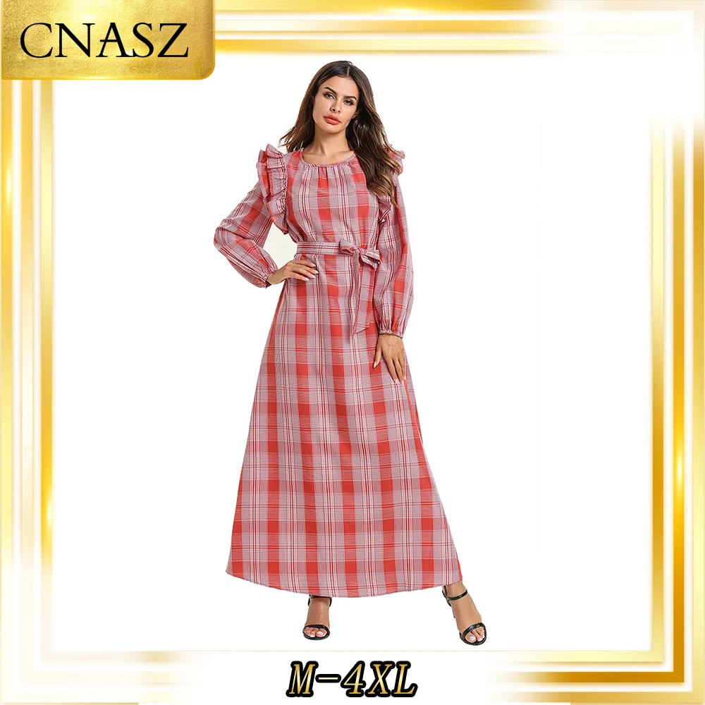 2019 abaya Femme Musulman осеннее Плиссированное тонкое платье в клетку с длинными рукавами