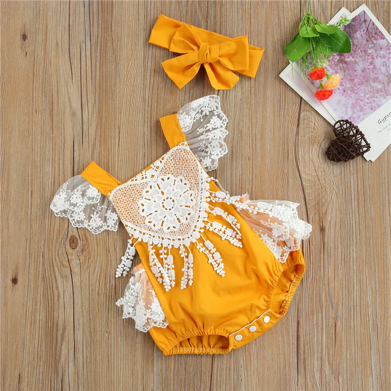 

Baby Girl's Summer Lace Flower Decoration Clothing 2Pcs Infant Fashion Flying Sleeve Elasticated Legs Bodysuit + Bow Hairdress