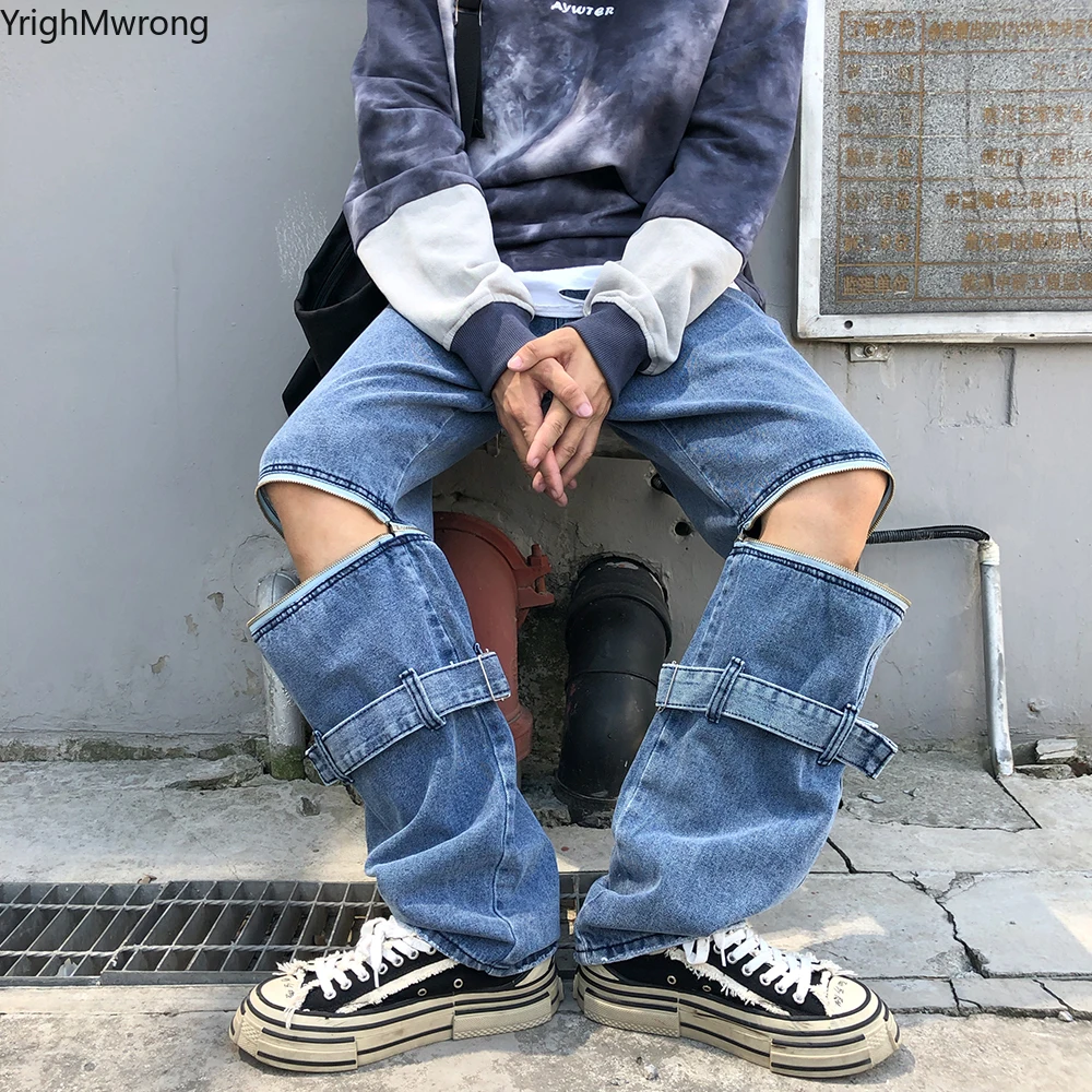 Мужские и женские уличные панк корейские джинсы Harajuku съемное кольцо с молнией пояс Завитая лента свободные джинсовые женские укороченные брюки больших размеров шаровары Хип-хоп