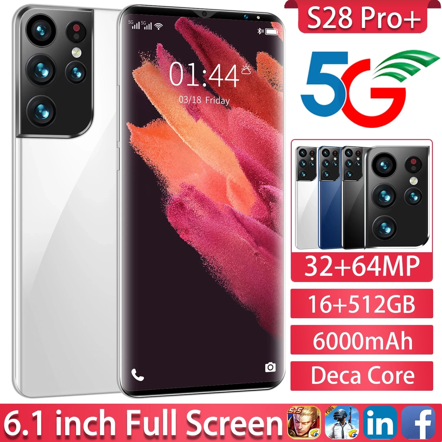

Global Version S28 Pro Smartphone 6.1 Inch Cell Phone 16GB+512GB 32MB+60MB 6000mAh 5G Network Mobile Phone Android 11 Phone 2021
