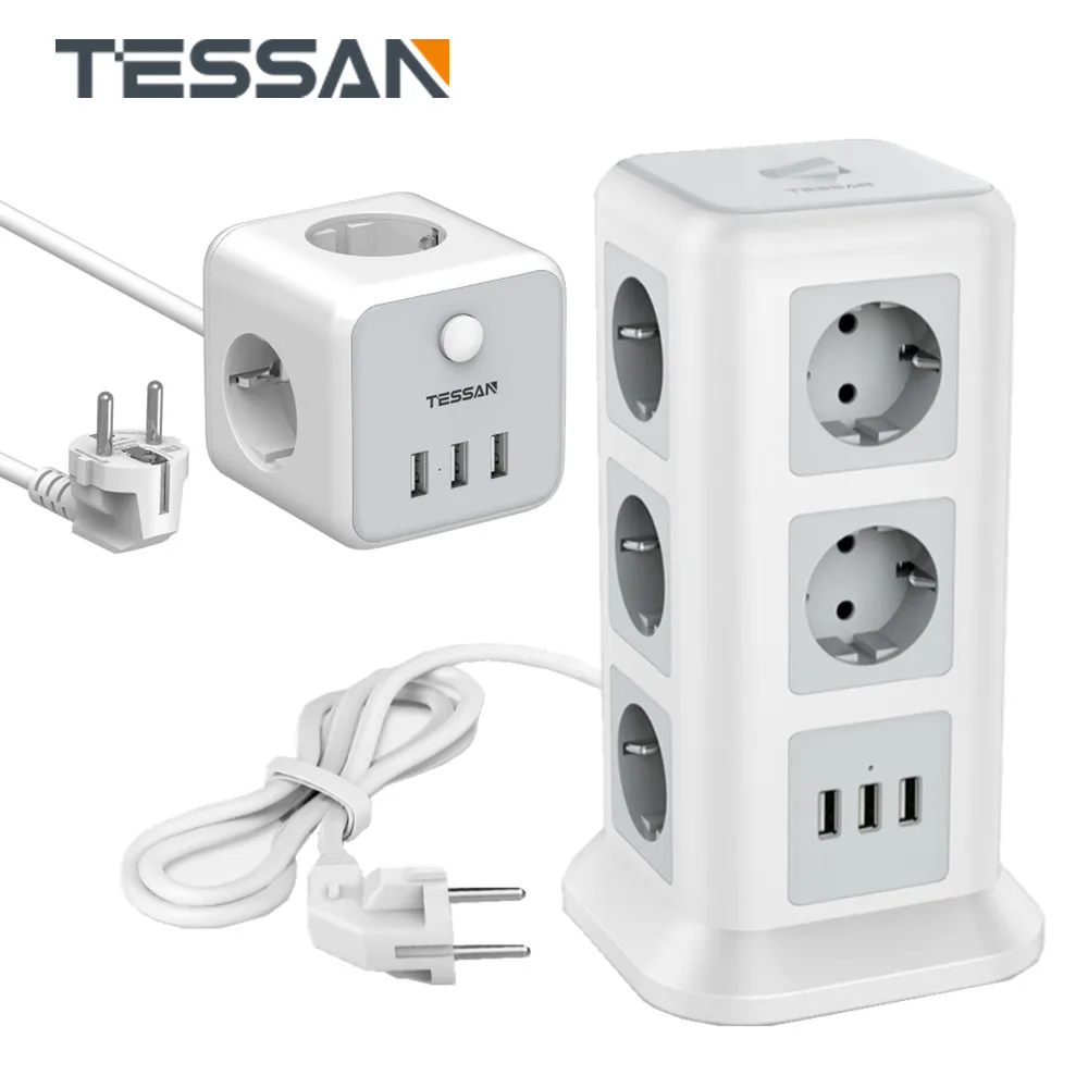

TESSAN EU Plug Socket Power Strip Tower with 11 Way Outlets 3 USB Ports 2M Extension Cord Switch Overload Protection Home Office