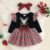 2pcs baby girls christmas outfit dress reindeer print plaid stitching long sleeve dress hairband for toddler kids 0 24 months