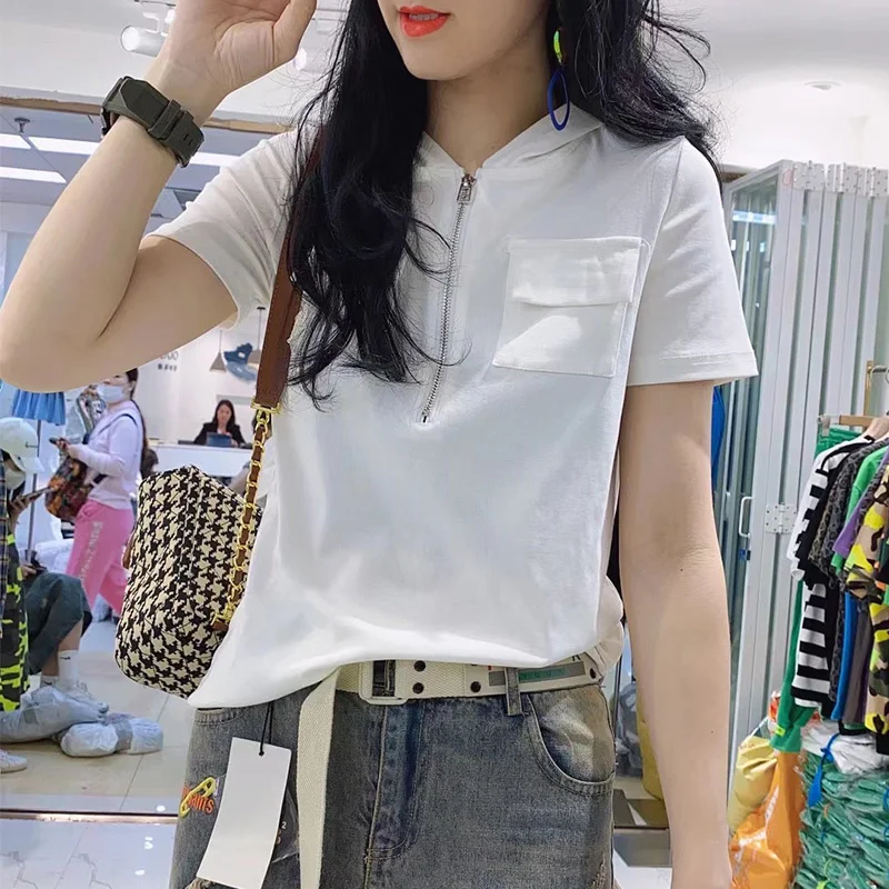 

European Station 2021 Summer New Short Sleeve T-shirt Zipper Hooded Top Smiley Face All-Match Fashion Solid Color Youthful
