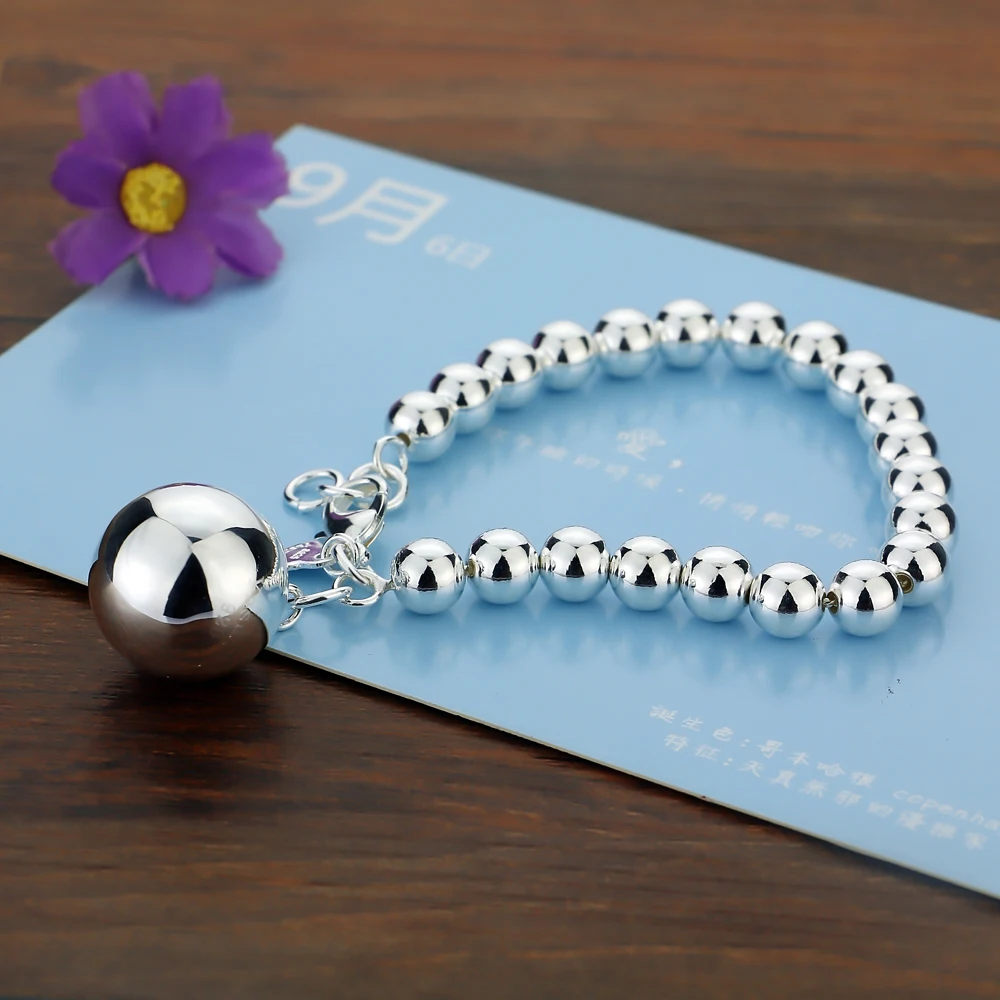 Женский браслет из серебра 100% пробы с круглыми бусинами 6/8/10 мм | Украшения и