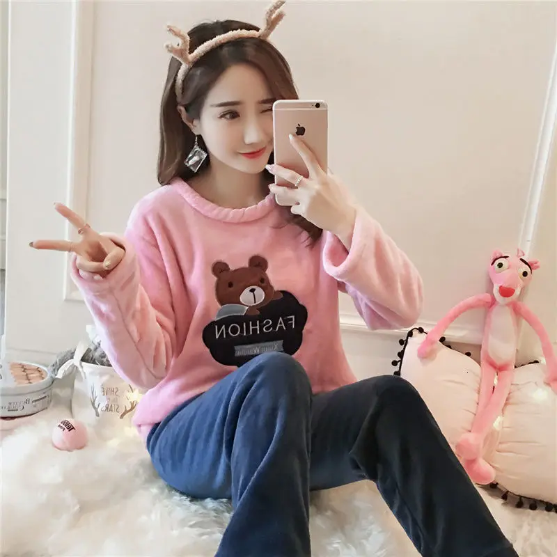 pajamaset M-5XL, зимний пижамный комплект, для женщин, длинный рукав, фланелевый, толстый, коралловый бархат, мультяшная Пижама, длинная Пижама, милые животные, женский домашний костюм - Цвет: pajamaset