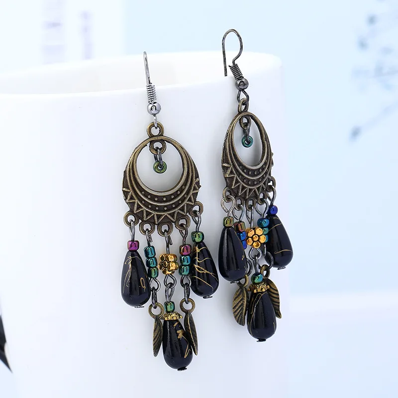Fashionable European and American temperament Fashion handmade retro multicolor long fringed bronze earrings | Украшения и