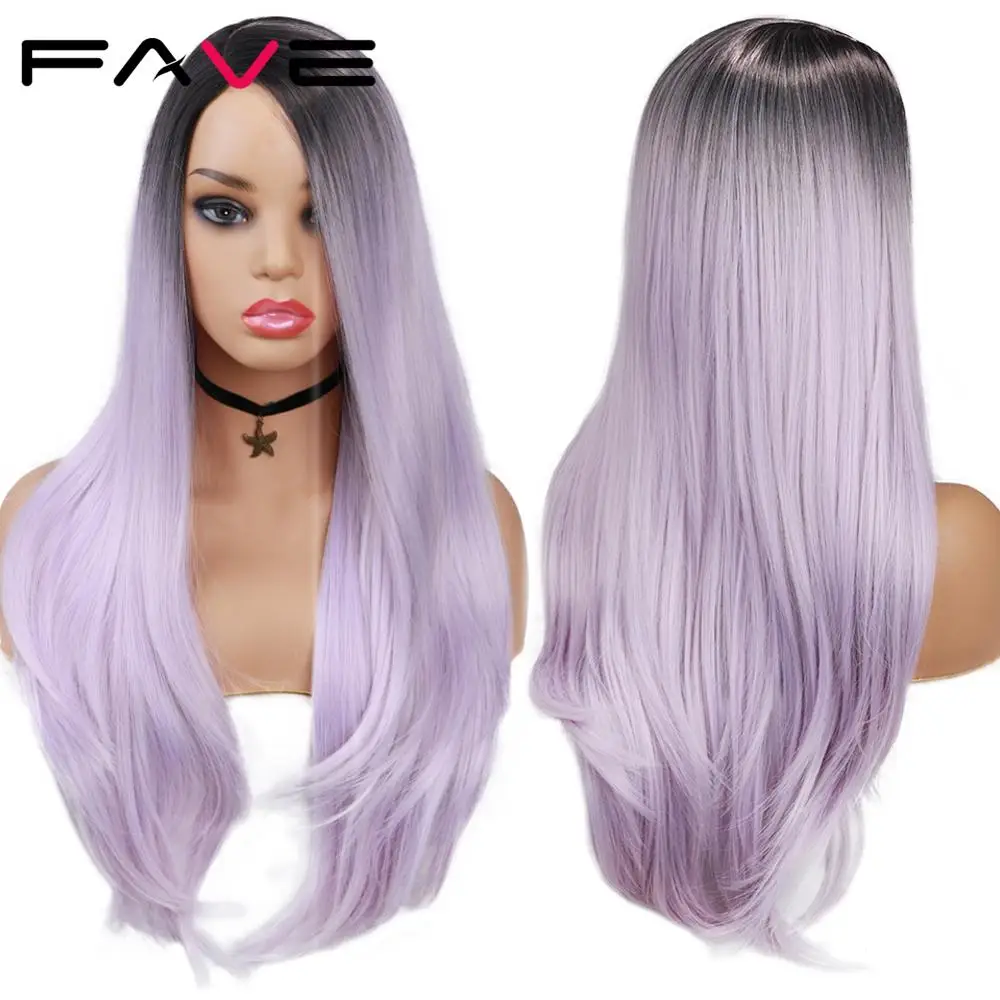 

Парик FAVE Ombre, черный светильник-фиолетовый, парик средней длины, натуральный, жаропрочный, для женщин, для косплея, ежедневных синтетических ...