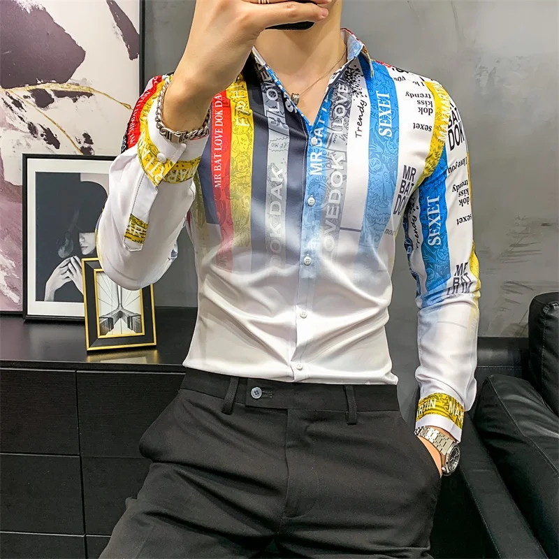 

Colored Stripes Shirts Men Slim Fit Streetwear Social Clothes 2021 Spring Casual Long Sleeve Shirts Nightclub Party Blouse Homme