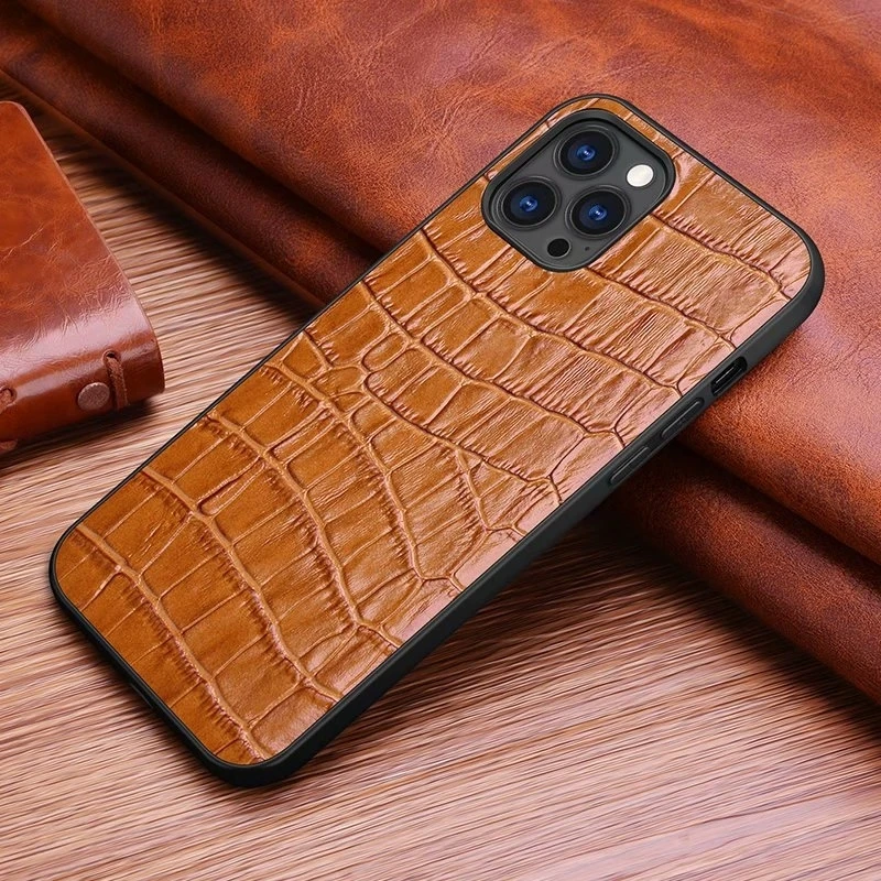 Funda de tel&eacute;fono de cuero genuino para iphone12, carcasa trasera de cuero de vaca con estampado de cocodrilo-0