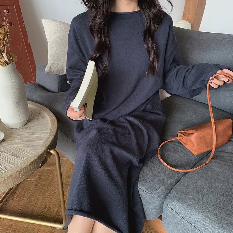 Осень зима 2019 однотонные вязаные хлопковые платья свитеры женский модный