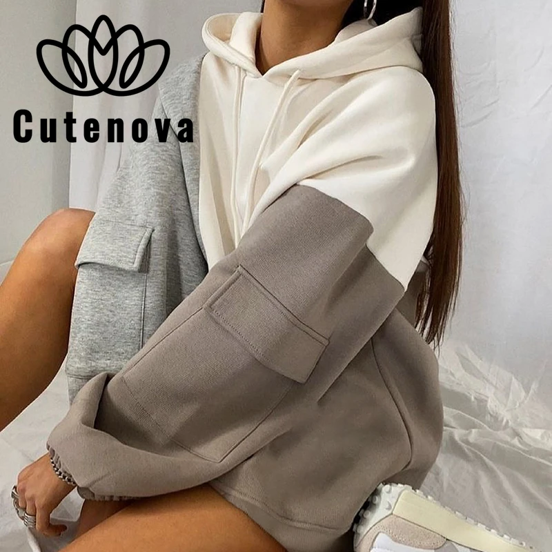 

Cutenova Casual Fashion Hoodie Women's Autumn 2021 Panelled Hooded Drawstring Pockets Long Sleeve Hoodie Female Streetwears