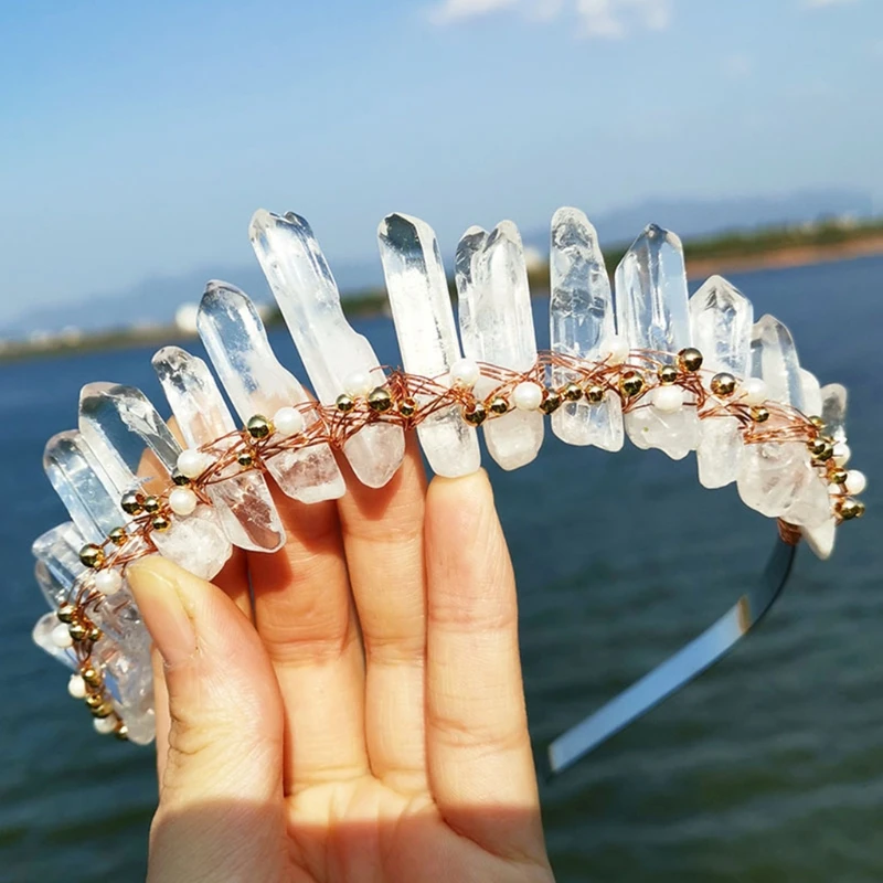 

Women Princess Clear Raw Crystal Quartz Headband Crown Imitation Pearl Gold Beads Jewelry Hair Hoop Wedding Bridal Vintage