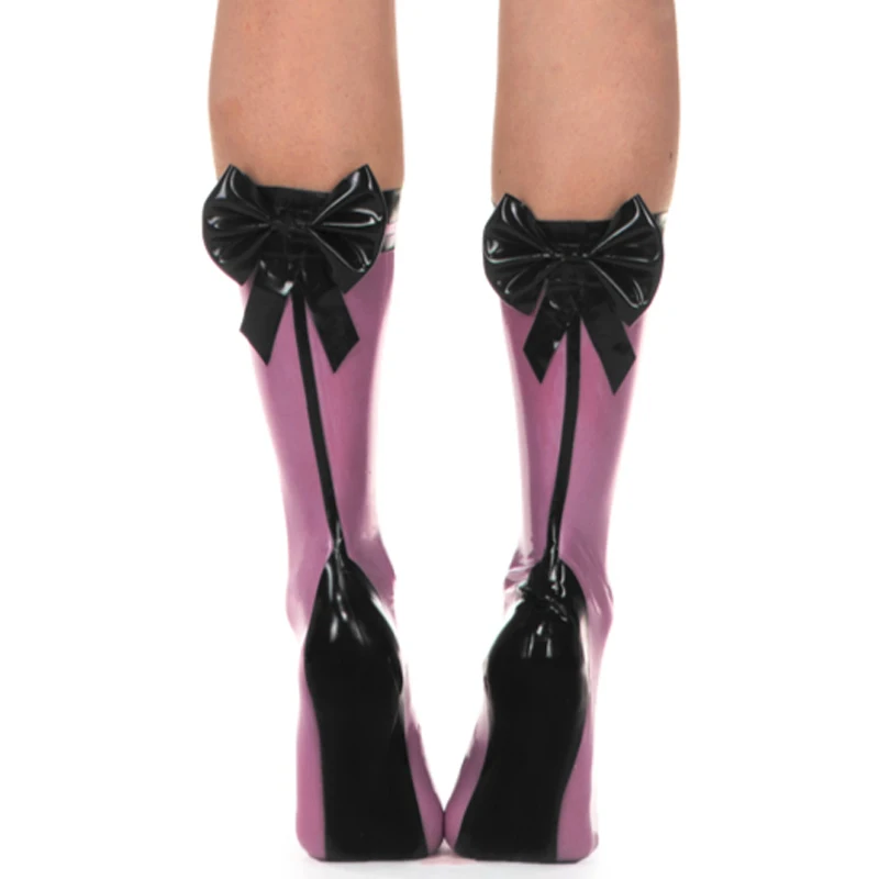 

Black And Transparent Purple Sexy Socks With Bows Trims At Back Rubber Knee Length Socks WZ-0066