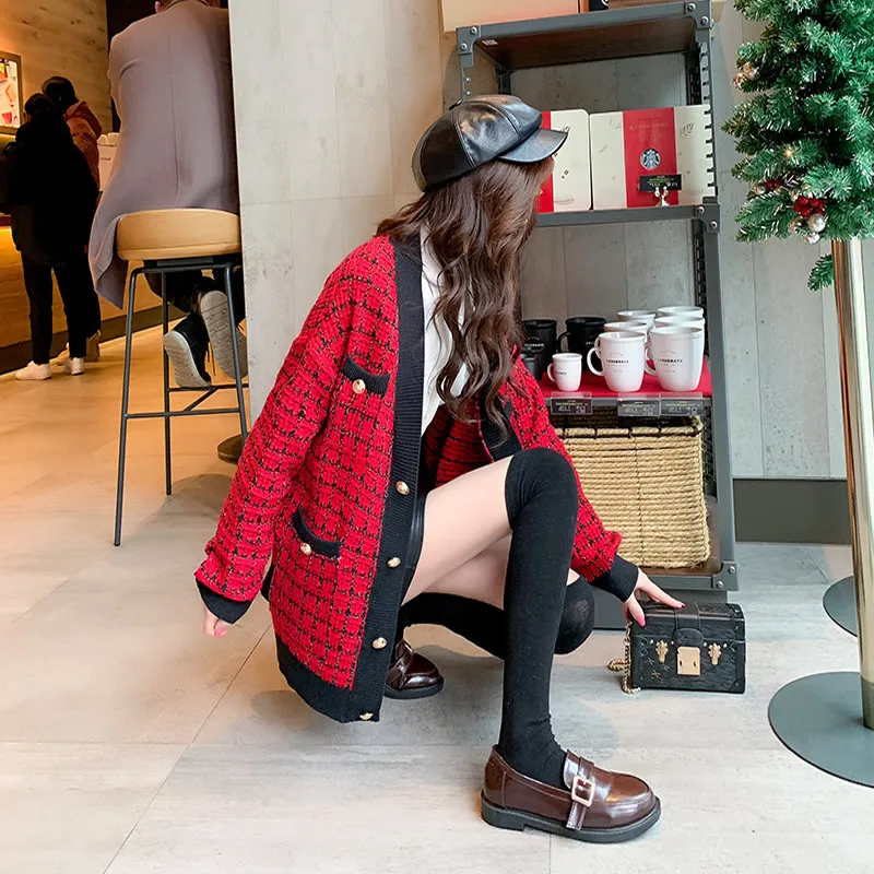 

Female Casual Knitted Sweater Coat Free Size Fashion Pull Femme Tops Lattice Checked Overcoat Outerwear Loose Thermal Clothes