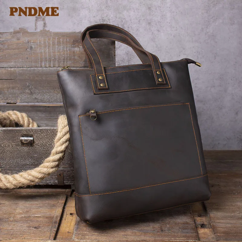 PNDME vintage natural crazy horse cowhide men's handbag simple tote bag genuine leather daily work 14-inch laptop shoulder bag