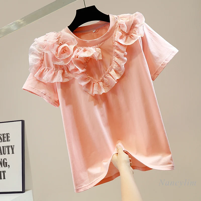 

Pleated Three-Dimensional Ruffles Flower T Shirt Woman Fashion Short Sleeve T-shirts Female All-Match Top Tee White Black Pink