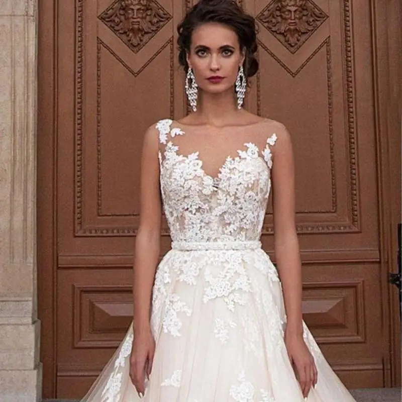 

Plus Size Applique Illusion Back Country Dress for Wedding Custom Made Champagne Lace Wedding Dresses Bridal Gowns with Sash