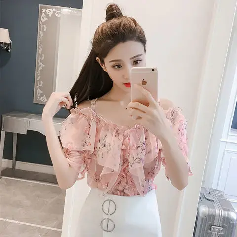 

Spring and summer new shoulder floral condole belt chiffon shirt slim collar flounce stitching coat women