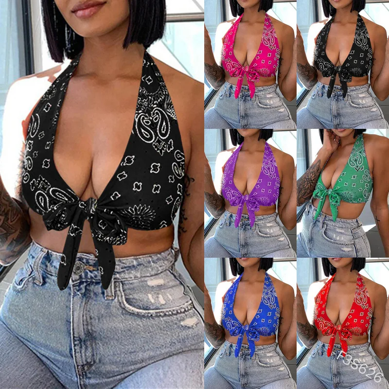 

Майка женская с V-образным вырезом, топ с принтом, Повседневная модная рубашка с лямкой на шее, без рукавов