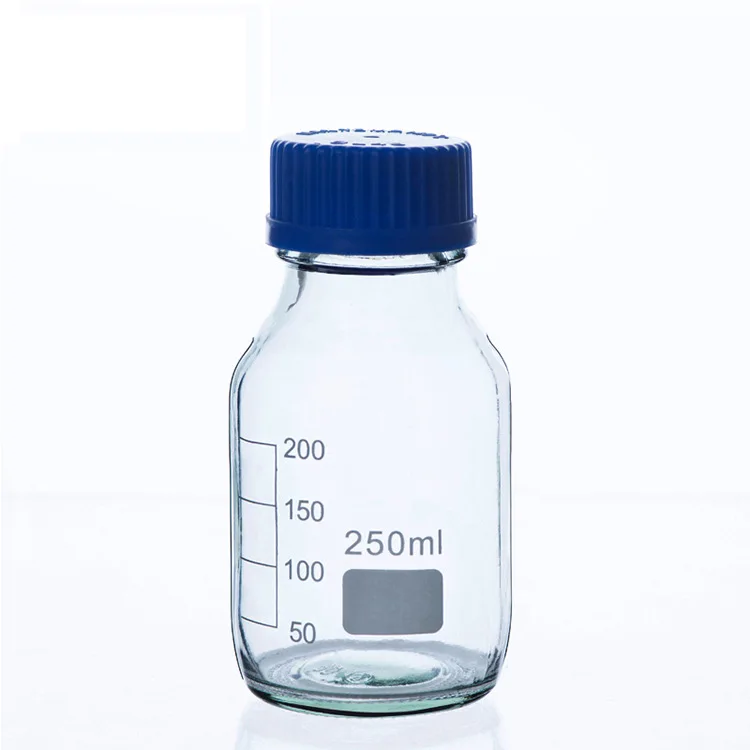 Garrafa de reagente transparente azul vidro, amostra