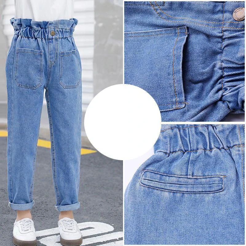 

Child's 2020 Autumn Girls High Waist Jeans Blue Slim Fit Denim Material For Girls Trousers Pants Teenagers Clothes 4-12 Years