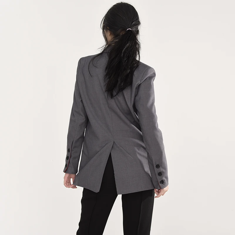 

Single Women Gray Breasted Big Size Blazer New Lapel Long Sleeve Loose Fit Jacket Fashion Spring Autumn 2021 1Z41002