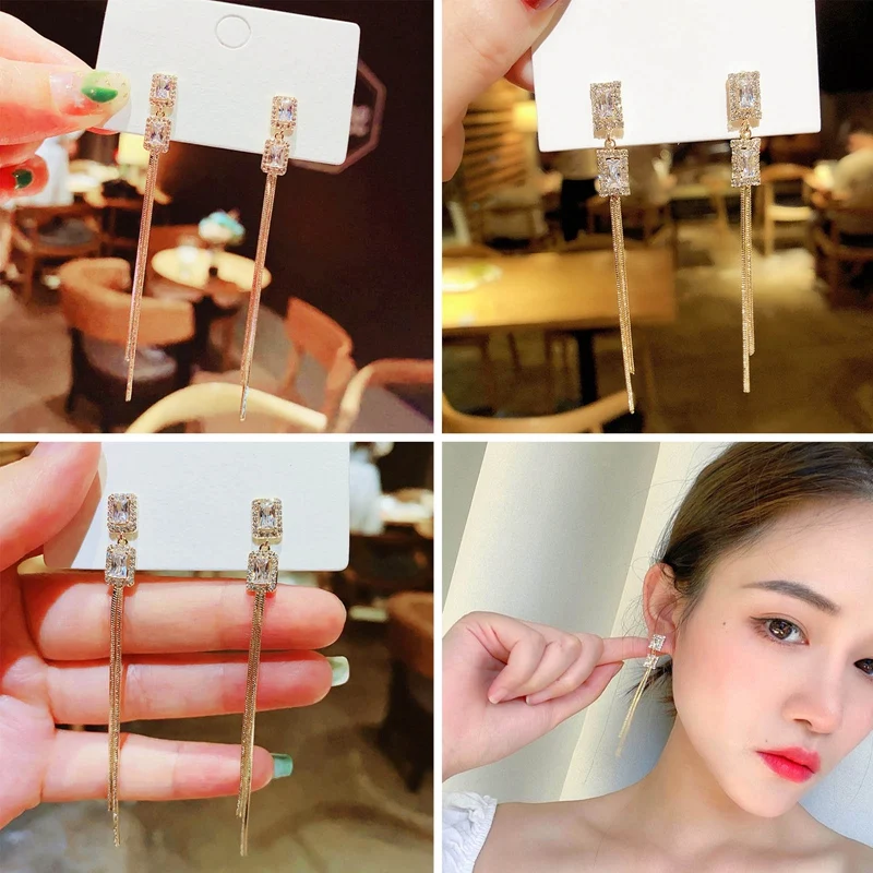 

New Fashion All-match Long Tassel Earrings Square Crystal Earrings Temperament Girls Draping Earrings Jewelry