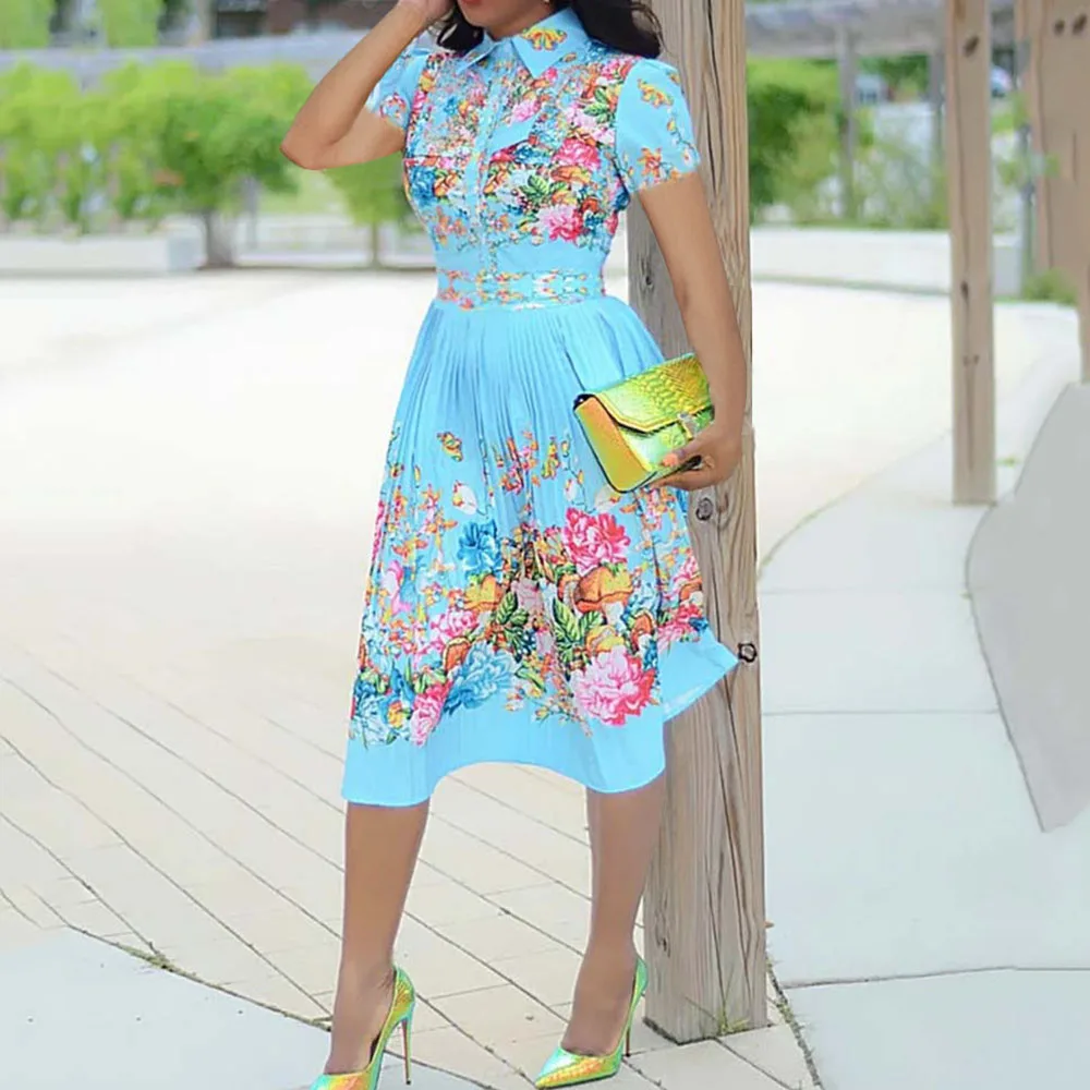 

2022 Summer Designer Blue Dress Midi Pleated Women High Waist Turn Down Collar Floral Print Office Lady Elegant Midi Dresses