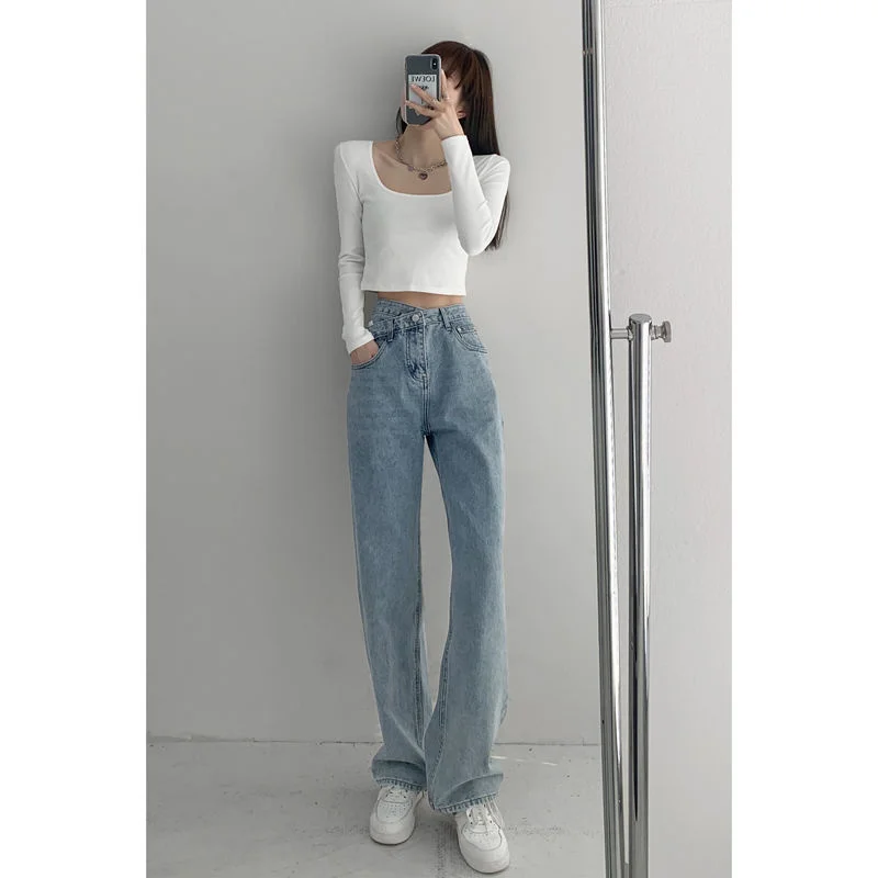 

Retro Hong Kong style high waist design cross waist jeans women's summer SLIM STRAIGHT pants loose floor pants