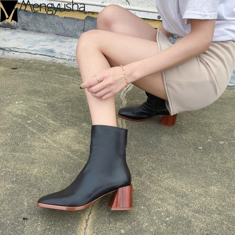 Женские ботинки Челси на деревянном каблуке Ботинки из мягкой кожи до середины