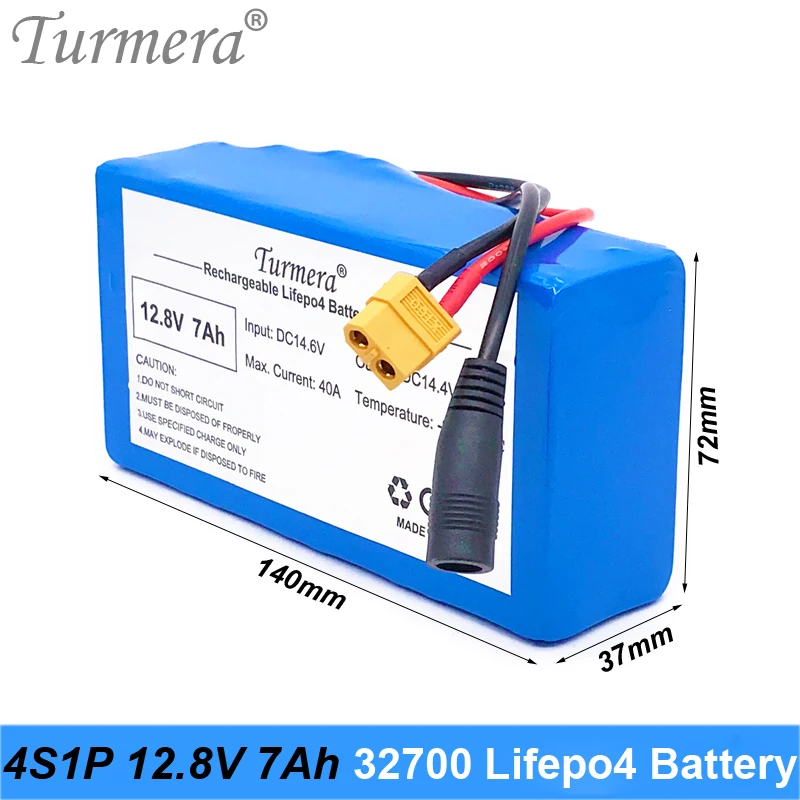 

Turmera 12.8V 7Ah 4S1P 32700 Lifepo4 Battery with 4S 40A BMS Balanced for Electric Boat and Car Uninterrupted Power Supply 12V